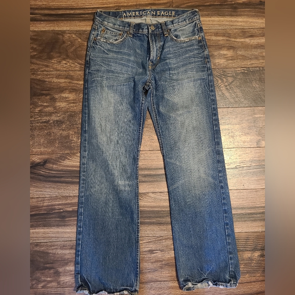 American Eagle Outfitters Blue Bootcut Jeans with Distressed Hem